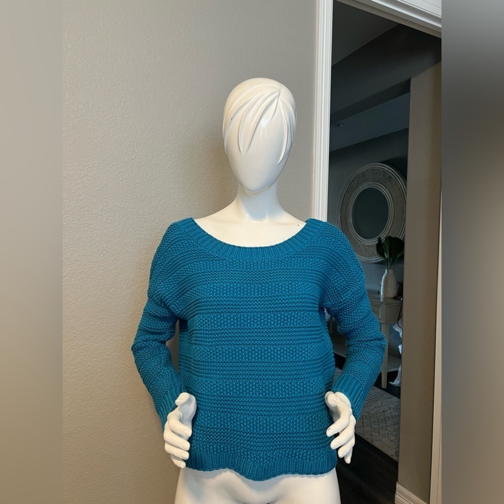 Ann Taylor LOFT Cotton Stitch Stripe Sweater Pullover Teal size M
